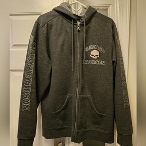 Harley Davidson Mens Gray Embroidered Willie G Skull Zip Hoodie